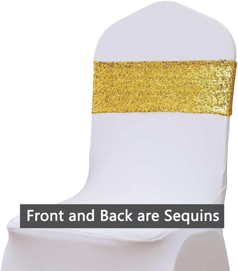 SINSSOWL Pack of 100 Spandex Sequin Gold Chair Sashes for Wedding Chair Sashes for Party Fiesta Baby Shower Decor Chairs Bands - Sequins Gold Sash for Chairs - Image 3